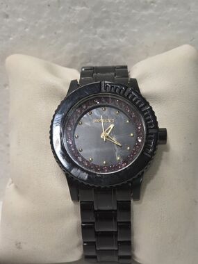 ISprout Black Metal Watch with Pink Crystal Accents